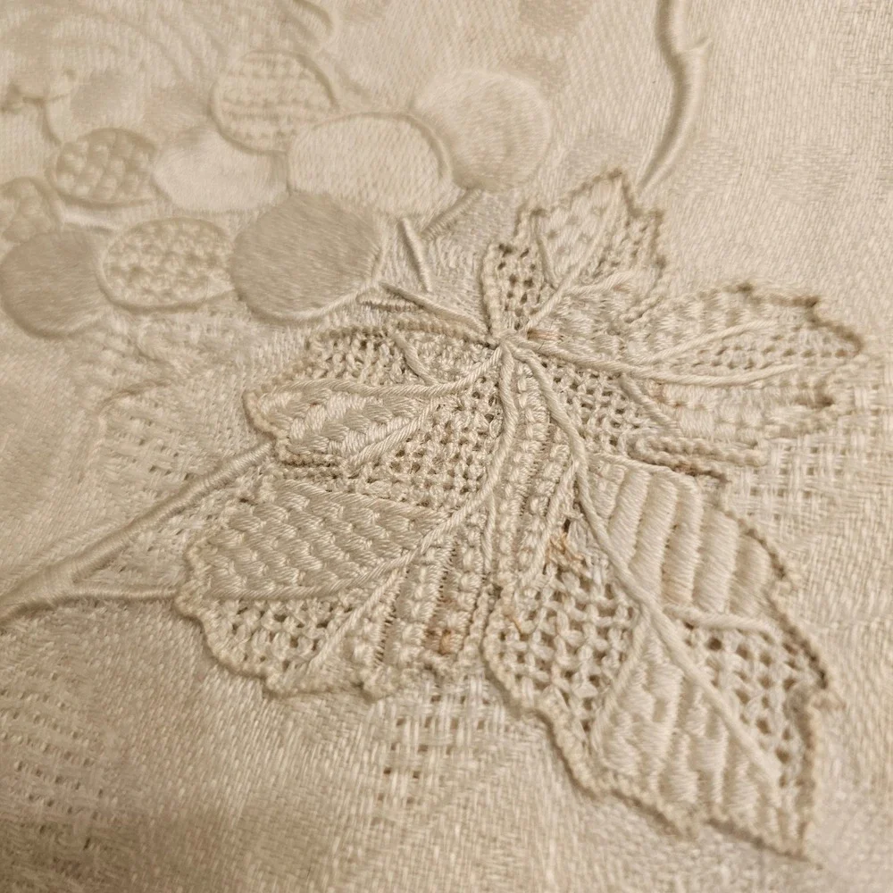 Vintage Cream Linen Napkins Hand Embroidered Fruit Damask Hemstitched Set of 2